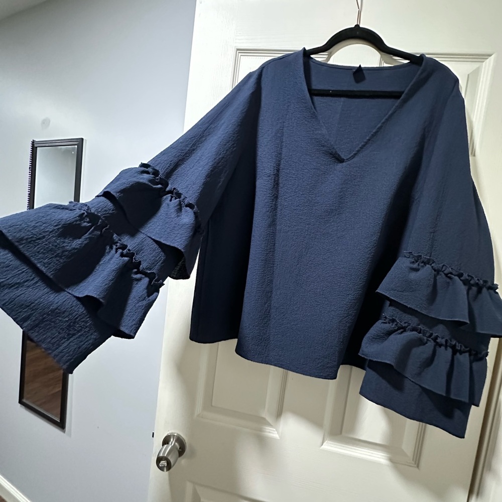 Elegant Navy Ruffle Sleeve Top
